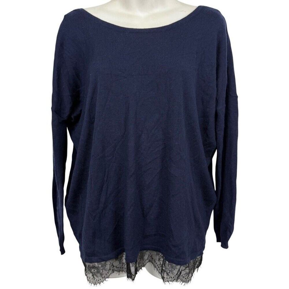 Joie Womens Navy Black Lace Trim Cashmere Wool Blend Sweater Lightweight sz XS